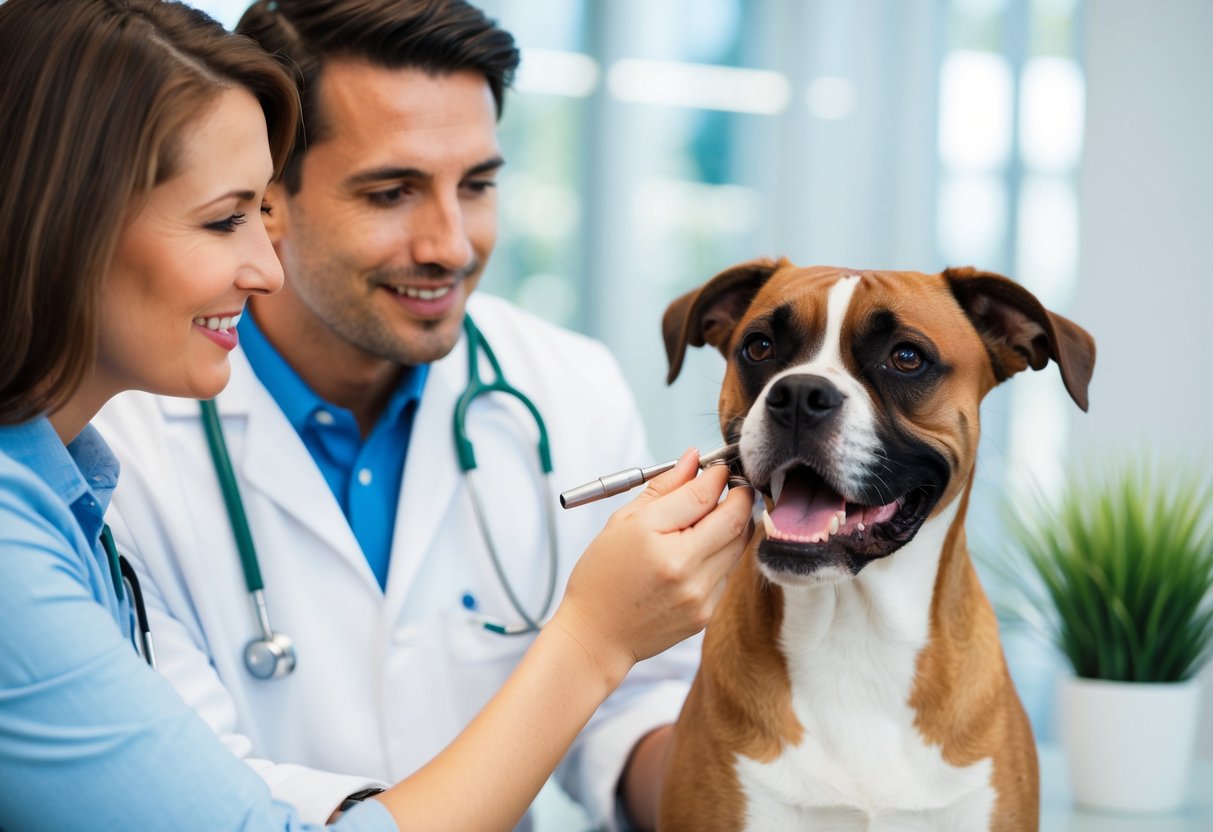 A veterinarian examining a boxer dog's teeth while discussing preventative care with the owner