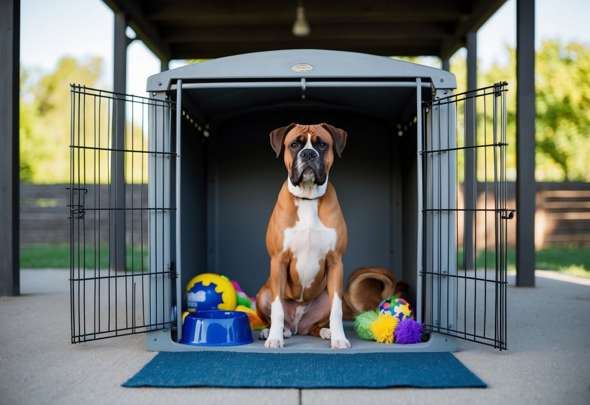 A boxer dog sits outside in a sturdy, spacious kennel, surrounded by toys and a water bowl. The kennel is shaded and protected from the elements