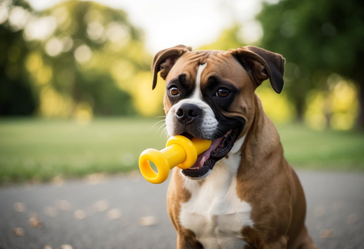 A boxer dog fiercely grips a sturdy chew toy, displaying its powerful bite