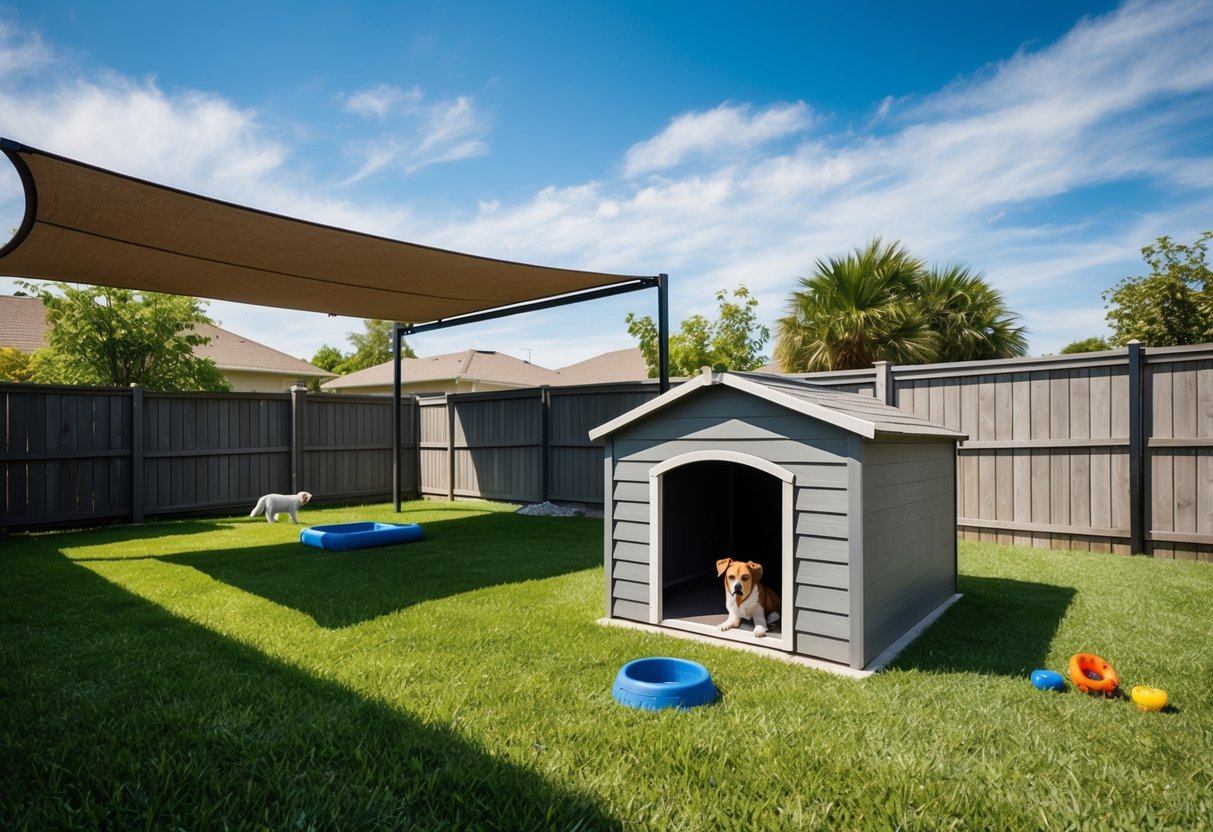 A spacious backyard with a sturdy, comfortable doghouse, shaded area, and secure fencing. A water bowl and toys are scattered around the yard
