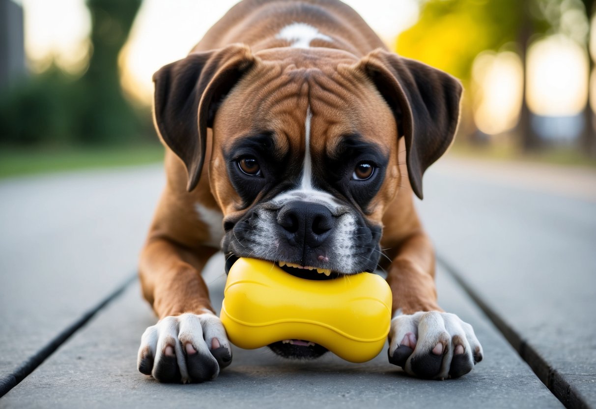 A boxer dog gnawing on a sturdy chew toy, showing off its strong bite