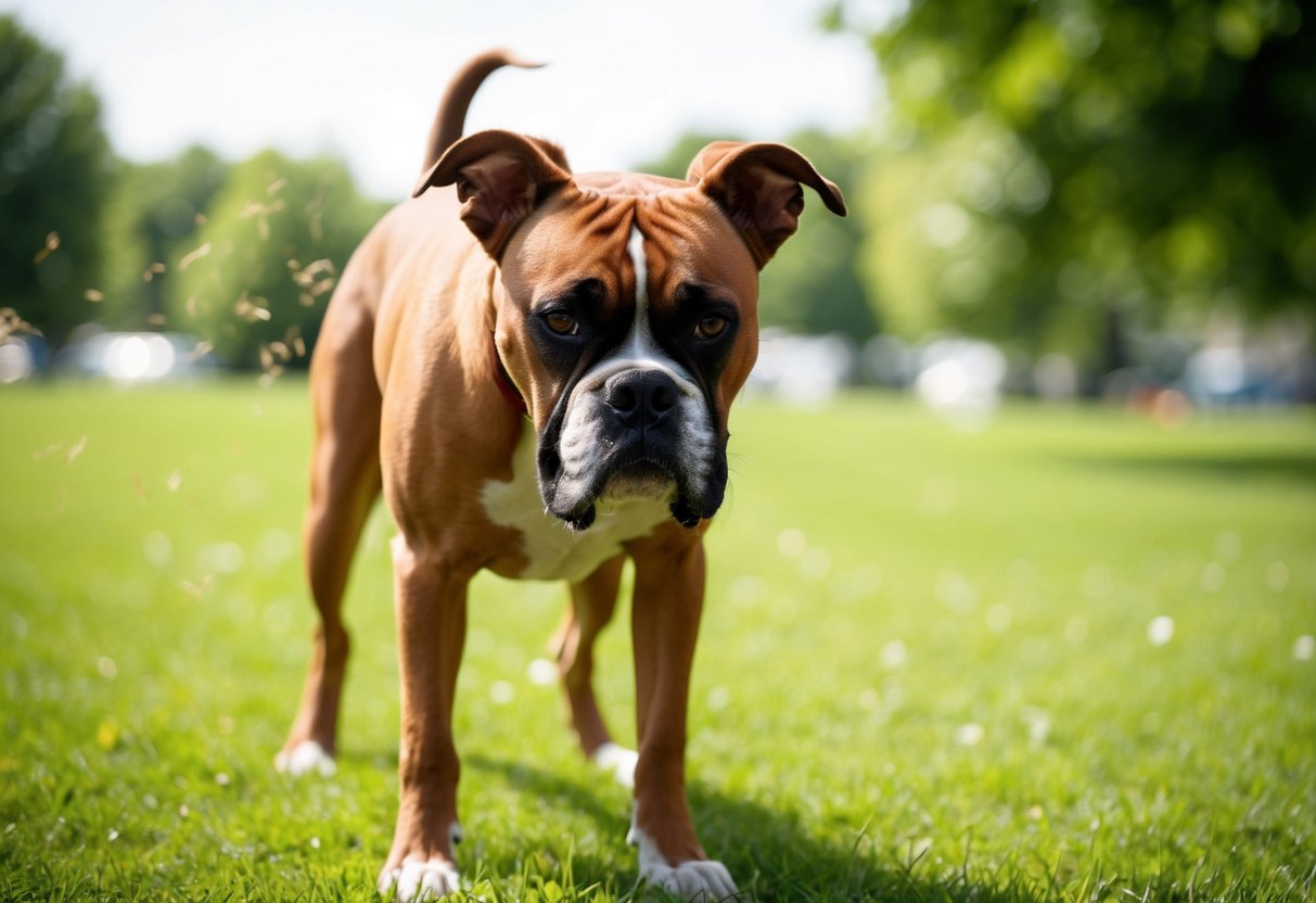 A boxer dog sniffs the air, wrinkling its nose, surrounded by various scents in a grassy park