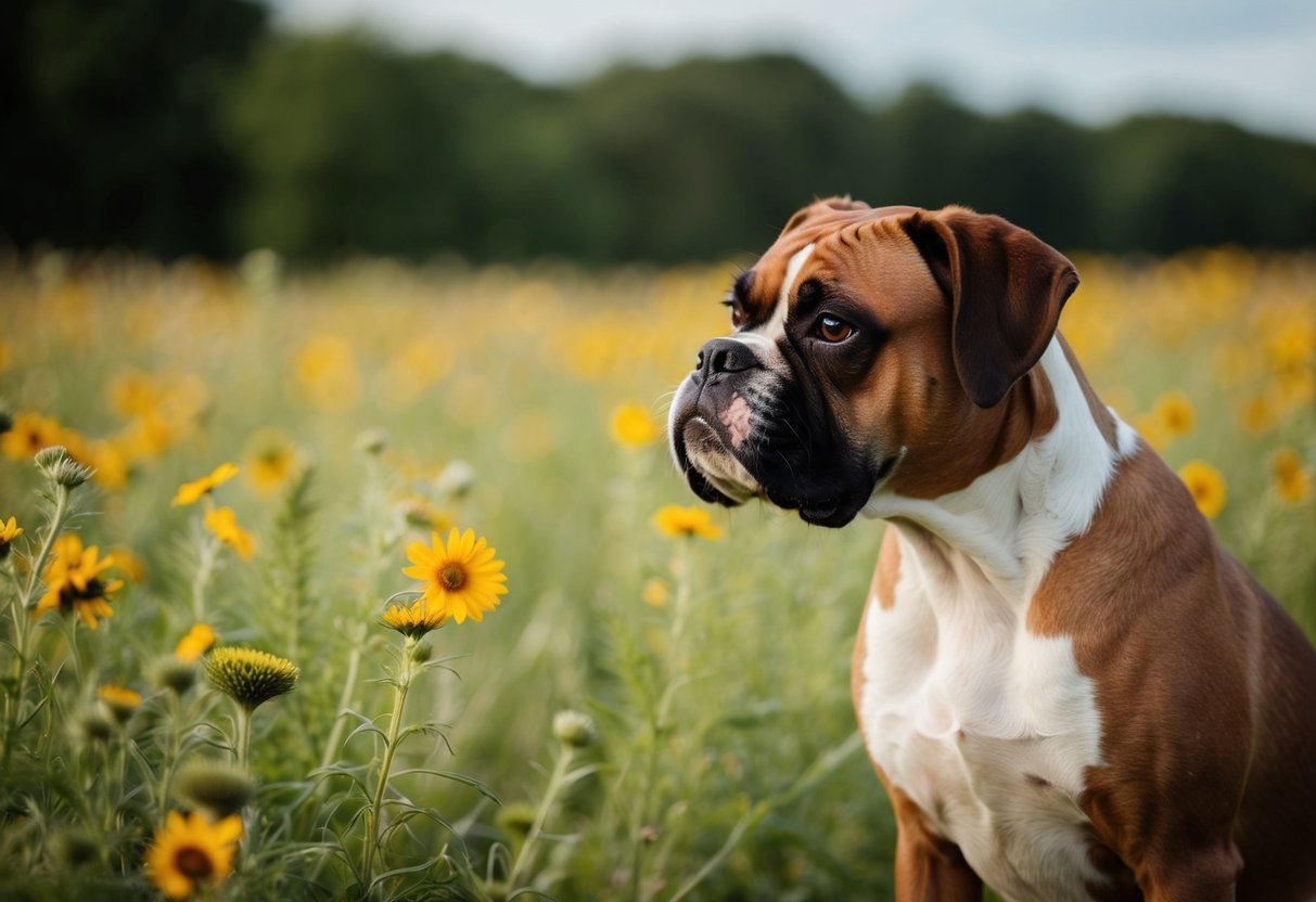A boxer dog sniffs the air, nose twitching, amidst a field of wildflowers