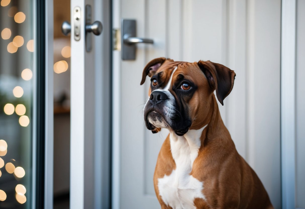 A boxer dog sits by the door, looking up with pleading eyes and emitting a soft whining sound