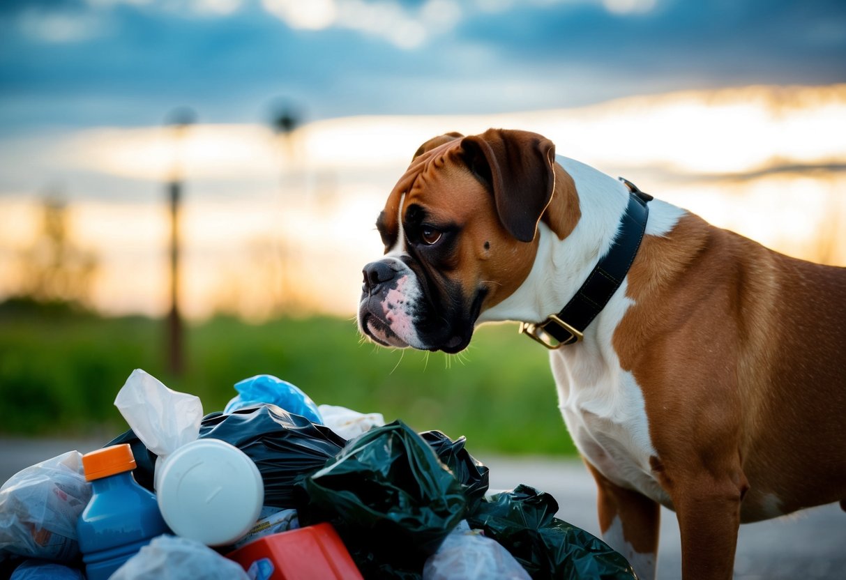 A boxer dog sniffs a pile of garbage, wrinkling its nose at the unpleasant odor