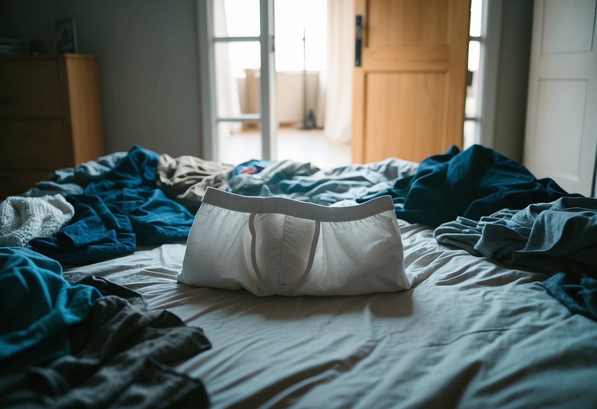 A pair of boxers lies abandoned on a messy bed, surrounded by scattered clothing and an open door