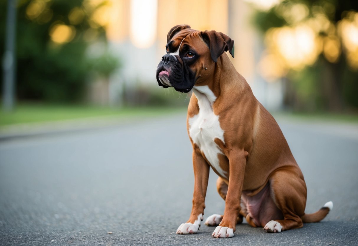 A boxer dog sits with a tilted head, whining softly with a pleading expression