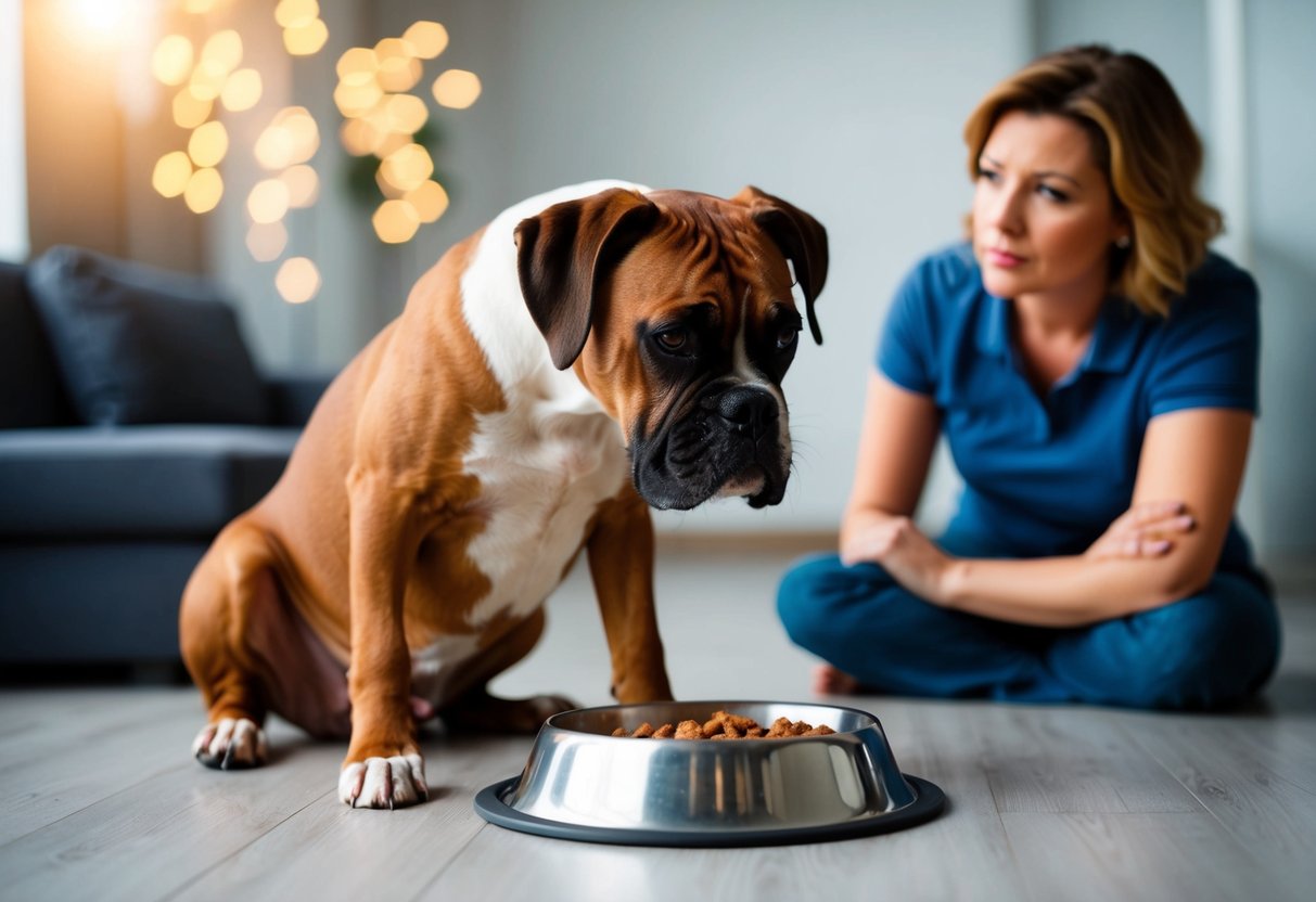 A boxer dog sits with a tilted head, pawing at a bowl of food while a concerned owner looks on