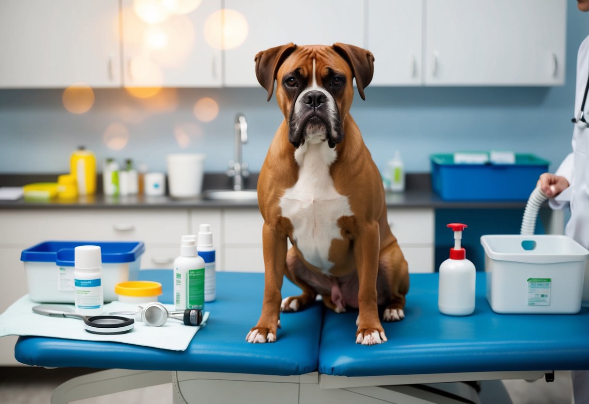 A boxer dog with a shiny coat sits calmly on a vet examination table, surrounded by various health maintenance items