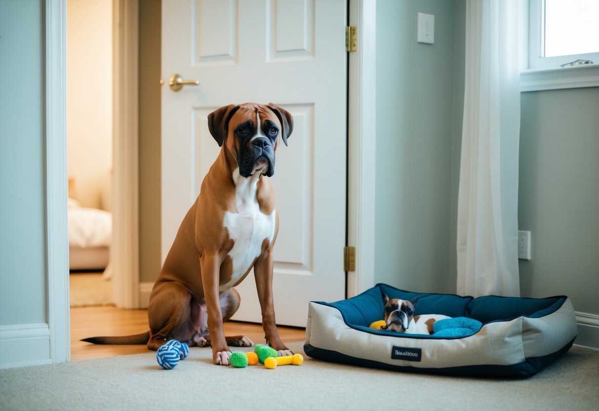 A boxer dog sits patiently by the door, surrounded by toys and a comfortable bed. The room is quiet and peaceful, with soft lighting and a sense of calm