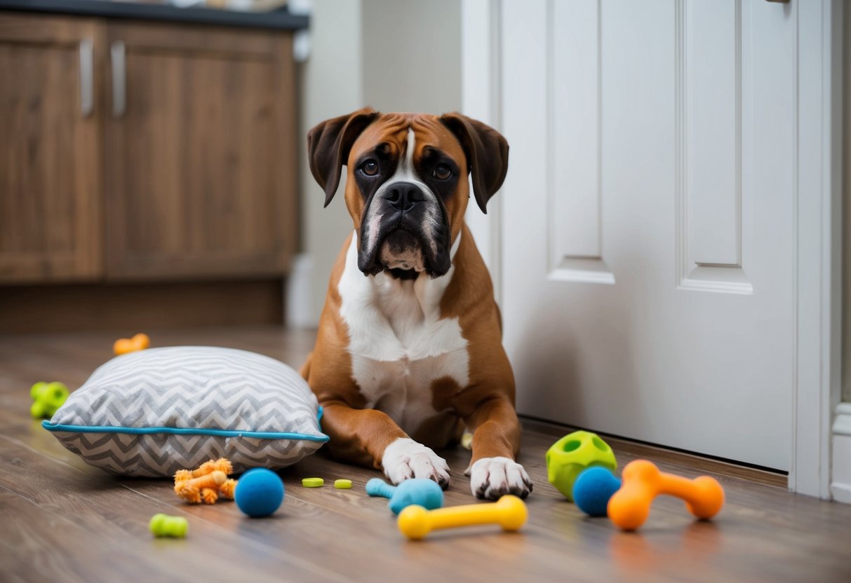 A boxer dog anxiously waits by the door, surrounded by scattered toys and a chewed-up pillow