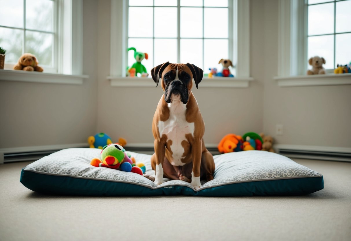 A lone boxer sits calmly in a spacious, well-lit room, surrounded by toys and comfortable bedding. A large window allows natural light to filter in, creating a peaceful and secure environment
