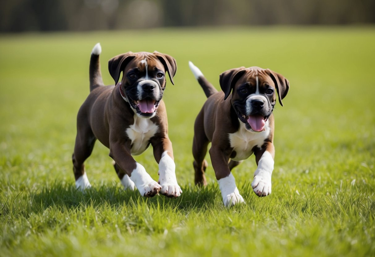 Two playful boxer puppies romp in a grassy field, tails wagging and tongues lolling. Their body language is friendly and energetic