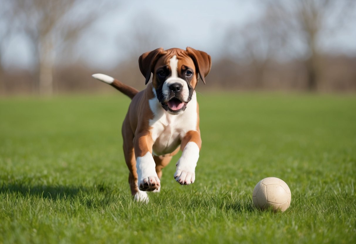 A playful boxer puppy romps in a grassy field, wagging its tail and eagerly chasing after a ball