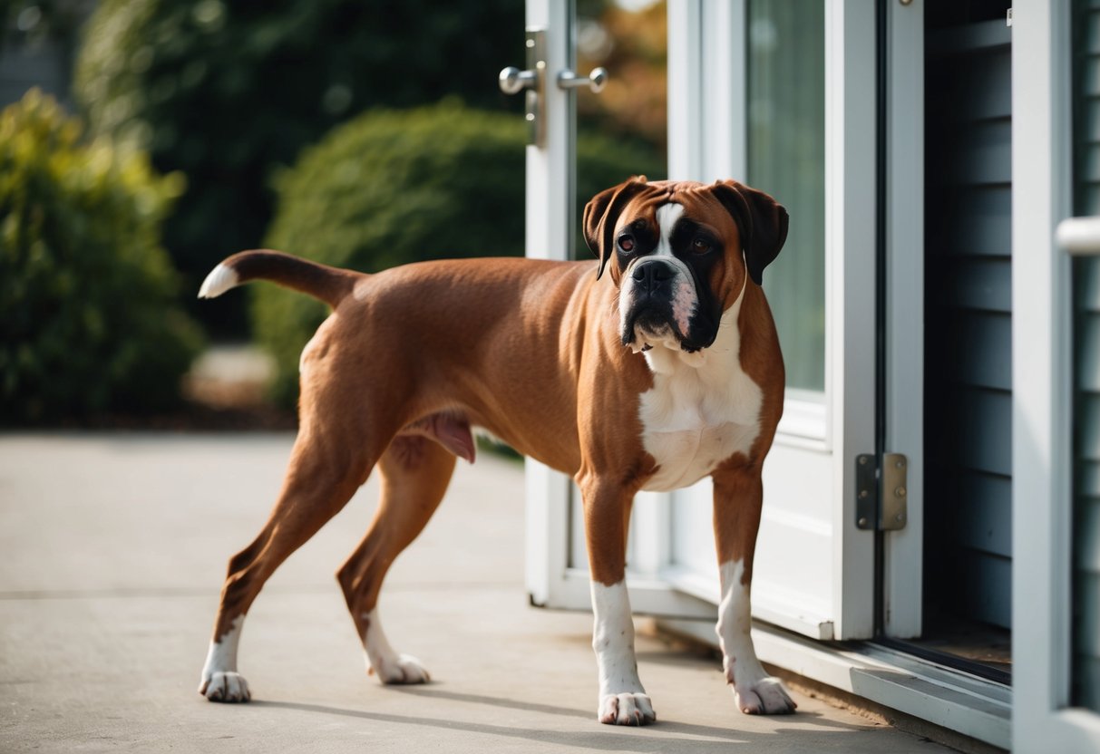 A boxer dog anxiously waits by the front door, whining and pacing, as their owner prepares to leave the house