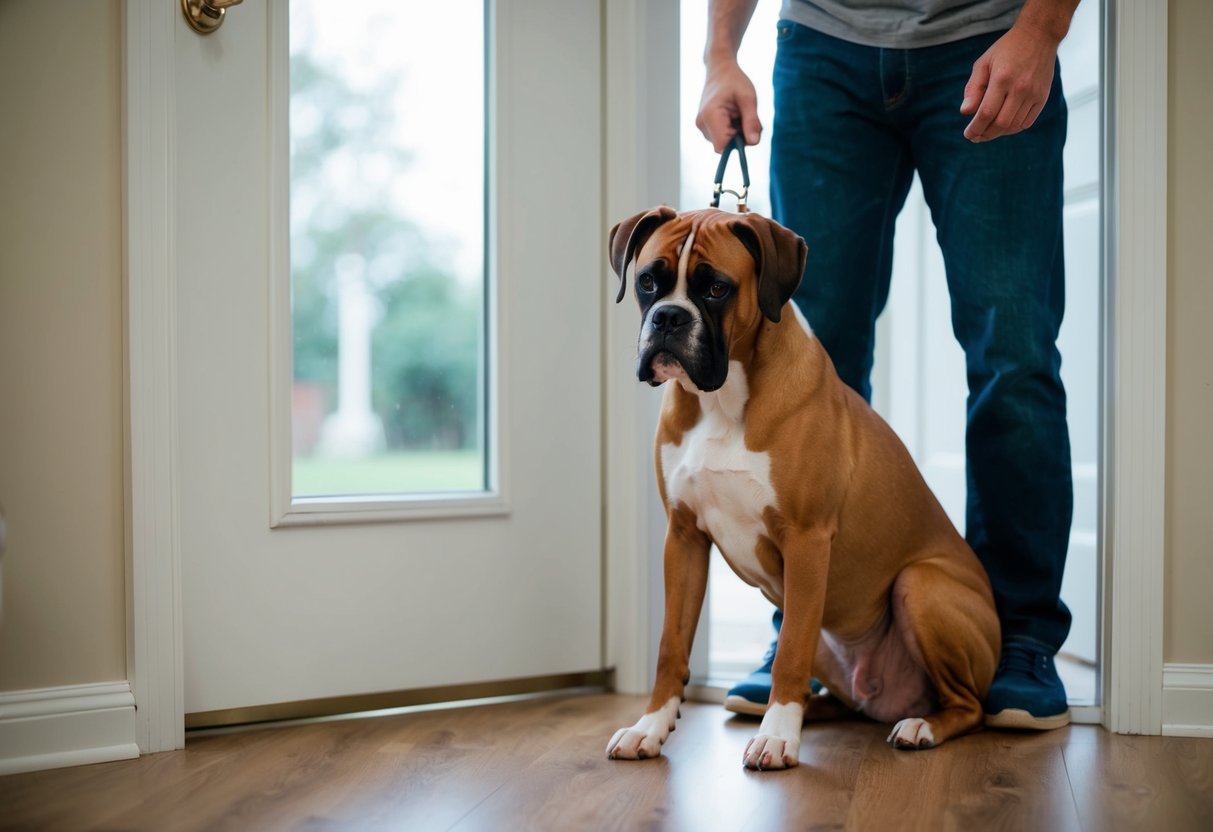 A boxer dog sits by the door, whining and pacing, while their owner leaves the house. The dog's ears are drooping and their tail is tucked between their legs, showing signs of separation anxiety