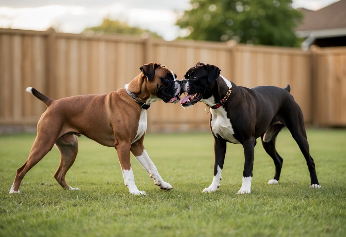Two boxers playfully interact in a spacious, fenced yard. One nips the other's ear, while the other responds with a playful growl