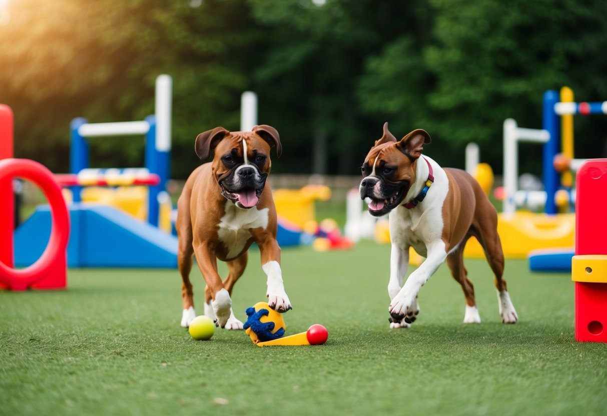 A boxer dog eagerly plays with toys and interacts with other dogs at a bustling dog park, filled with obstacles and agility equipment