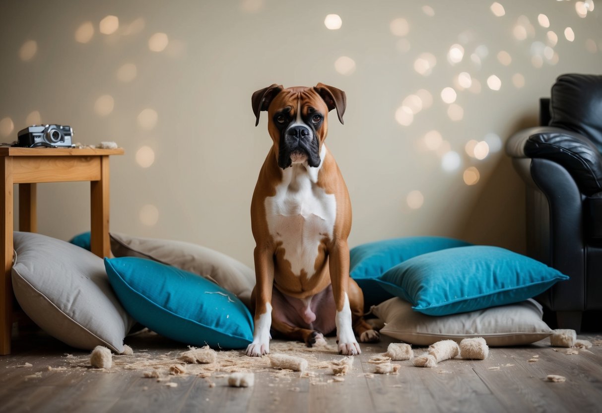 A boxer dog sits alone, surrounded by torn pillows and chewed furniture, looking anxious and distressed