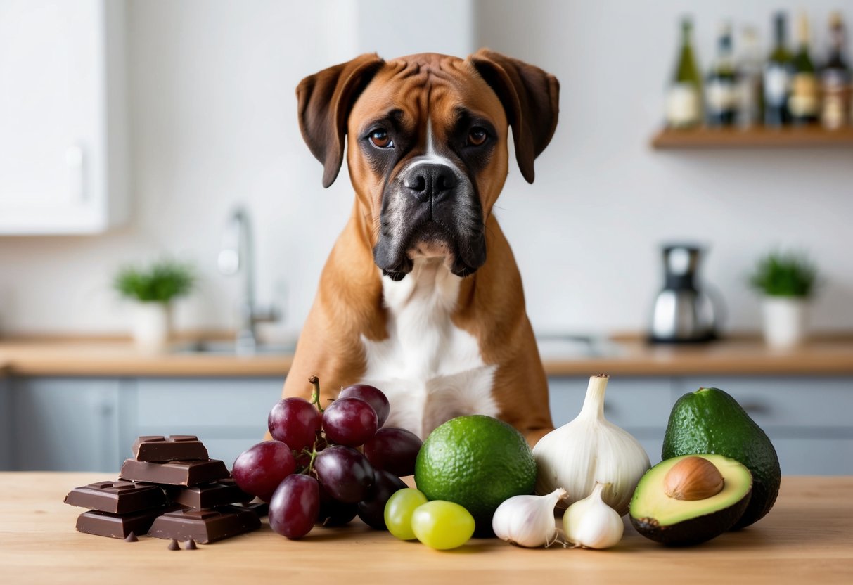 A boxer dog surrounded by foods to avoid: chocolate, grapes, onions, garlic, avocado, and caffeine
