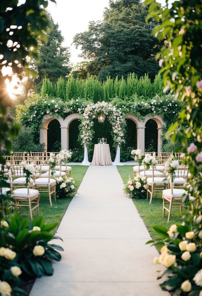 A lush garden with blooming flowers, elegant arches, and winding pathways leading to a charming outdoor ceremony setup