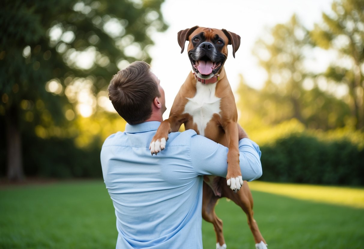 A boxer dog eagerly jumps into the arms of its owner, tail wagging and tongue lolling in excitement