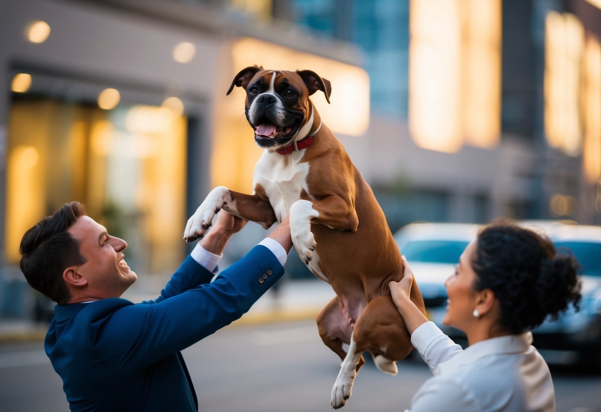 A boxer dog eagerly wagging its tail while being lifted off the ground by a smiling person
