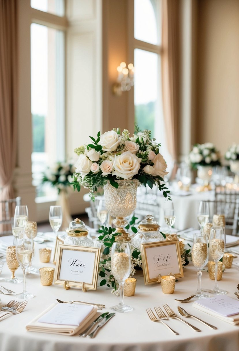 A beautifully decorated table with elegant wedding favors and decorative elements arranged in a stunning display