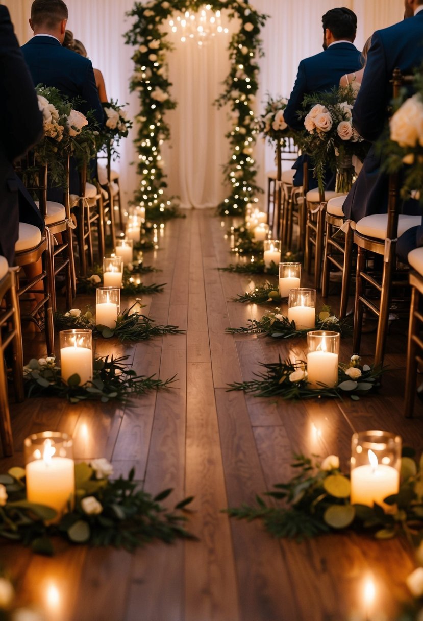 A candlelit aisle lined with floral arrangements and twinkling lights, creating a romantic and enchanting atmosphere for a wedding ceremony