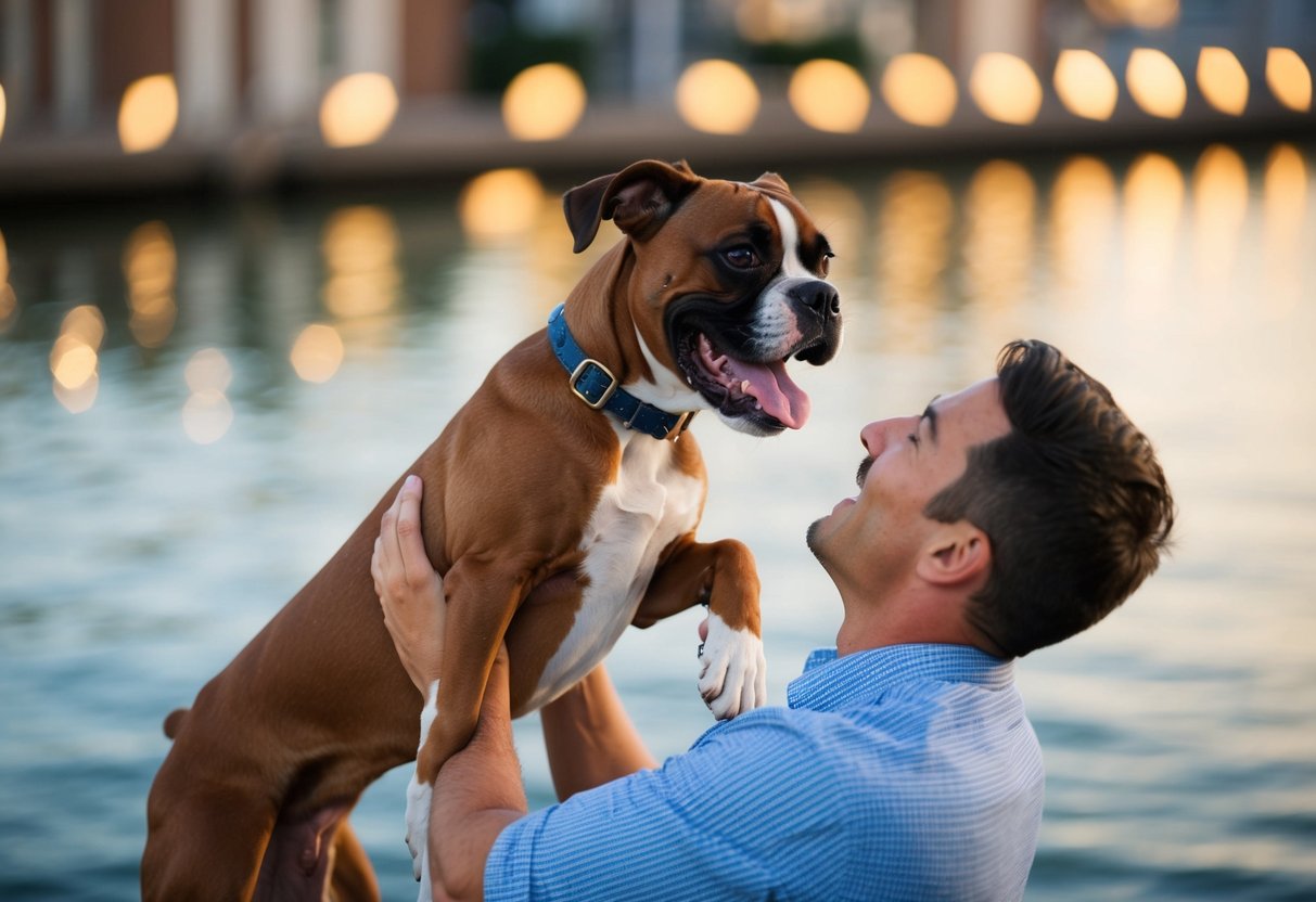 A boxer dog eagerly wags its tail while being lifted in the air by its owner, showing excitement and trust