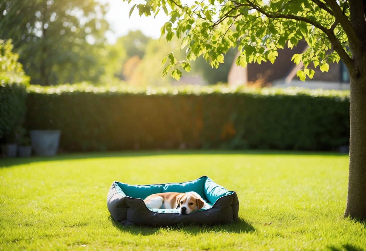 A peaceful, sunlit backyard with a lone, empty dog bed under a leafy tree