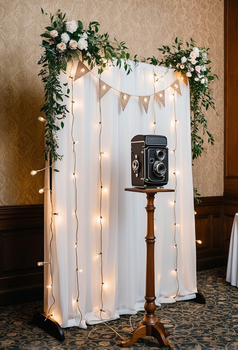 A vintage photo booth at a wedding reception, adorned with string lights and floral decorations, with a backdrop of antique wallpaper and a vintage camera on a wooden stand