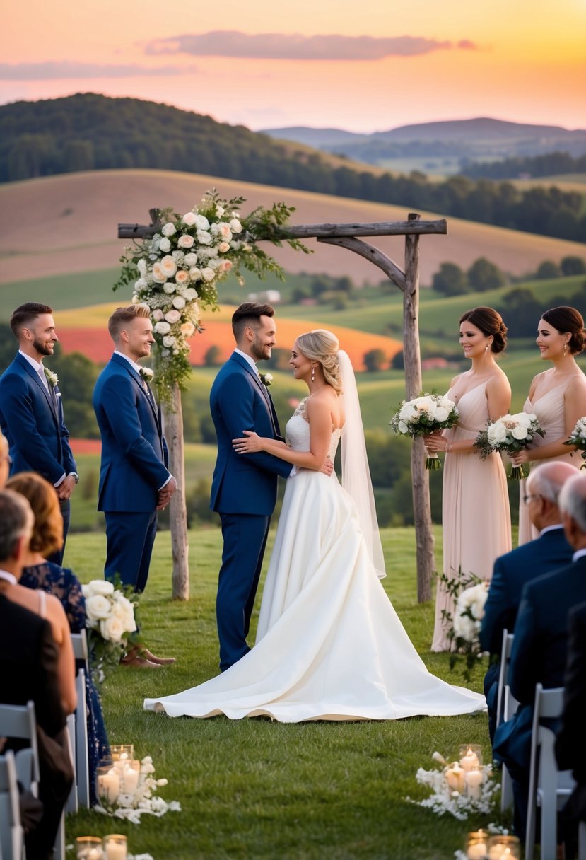 A beautiful outdoor wedding ceremony with a picturesque backdrop of rolling hills and a colorful sunset