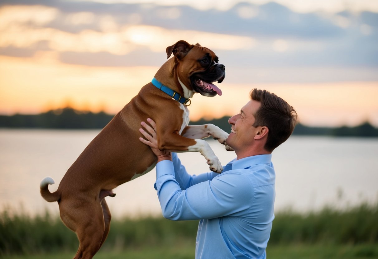 A boxer dog wagging its tail while being gently lifted off the ground by a smiling person