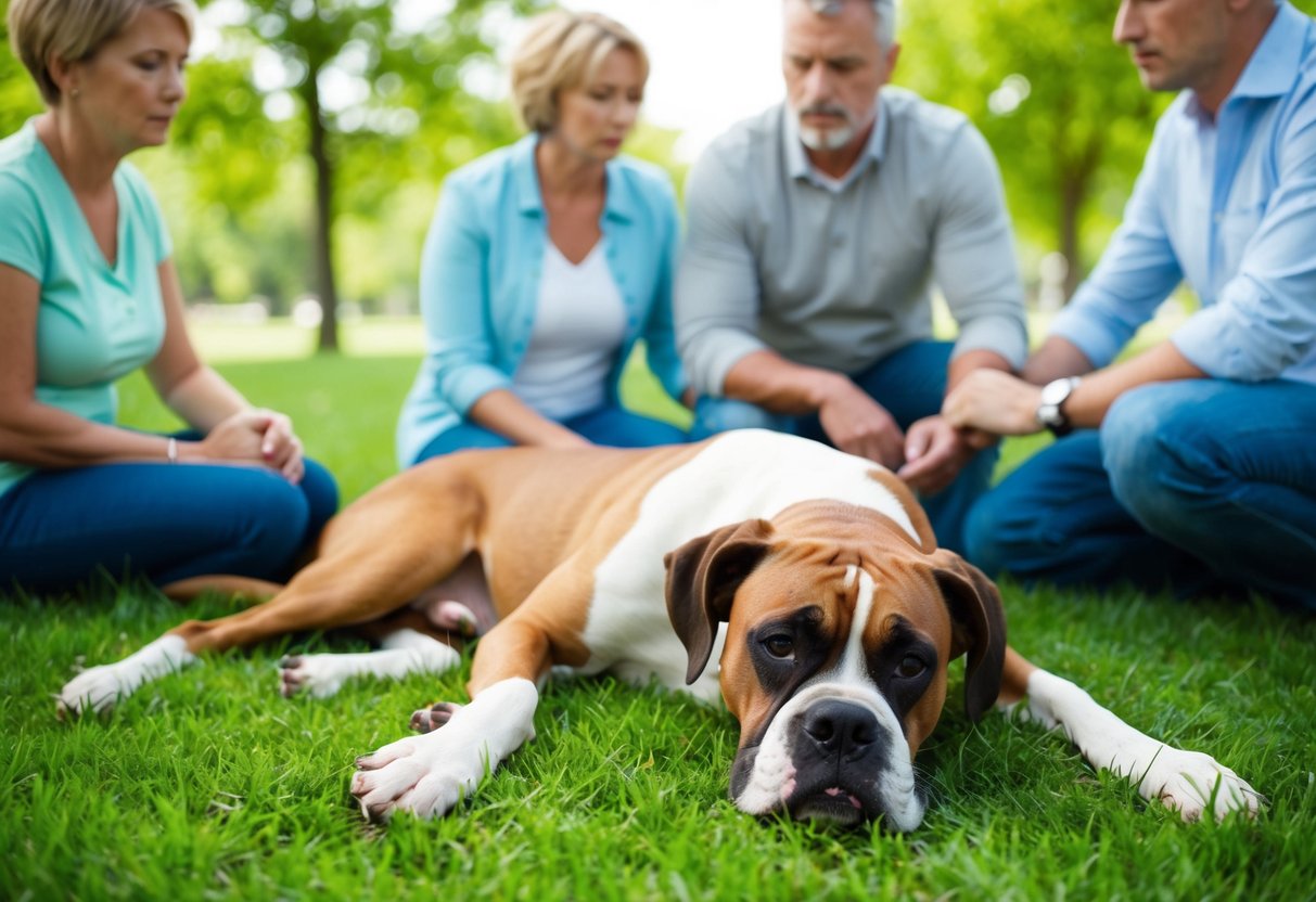 A boxer dog lies motionless on the grass, surrounded by concerned family members. The dog's lifeless body is a stark contrast to the vibrant greenery of the park