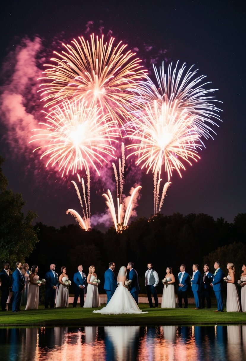 A grand finale of colorful fireworks lighting up the night sky, reflecting off the calm waters of a serene lake, surrounded by awe-inspired wedding guests