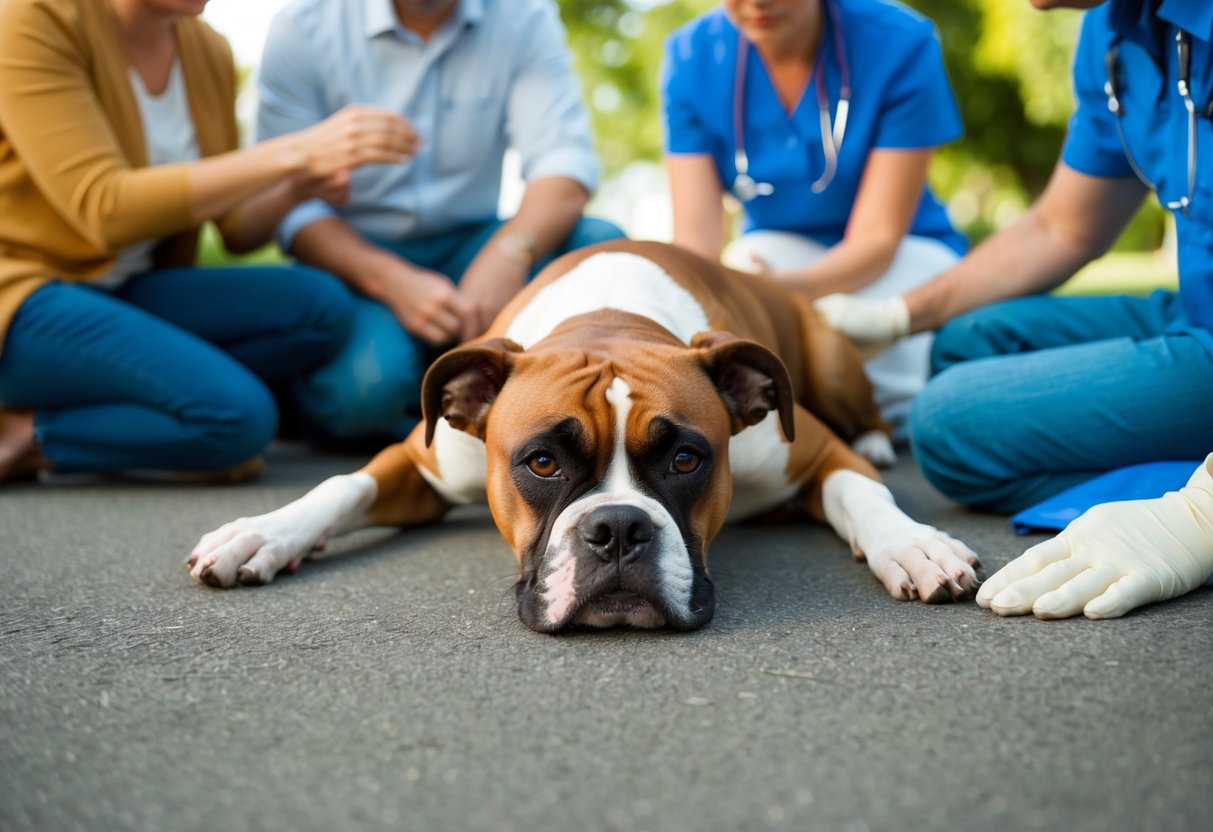 A boxer dog lying motionless on the ground, surrounded by concerned family members and a veterinarian