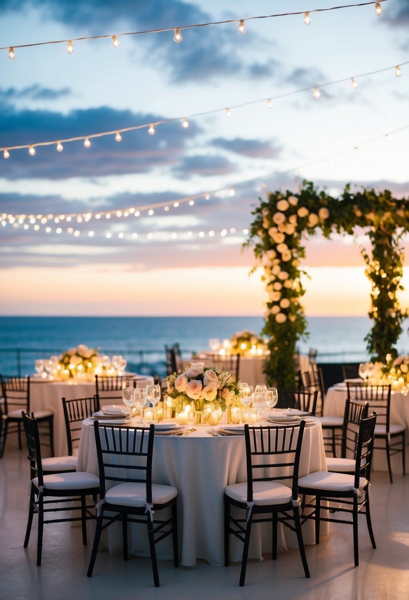 A beautifully decorated wedding reception with elegant centerpieces, twinkling lights, and a stunning backdrop of a sunset over the ocean