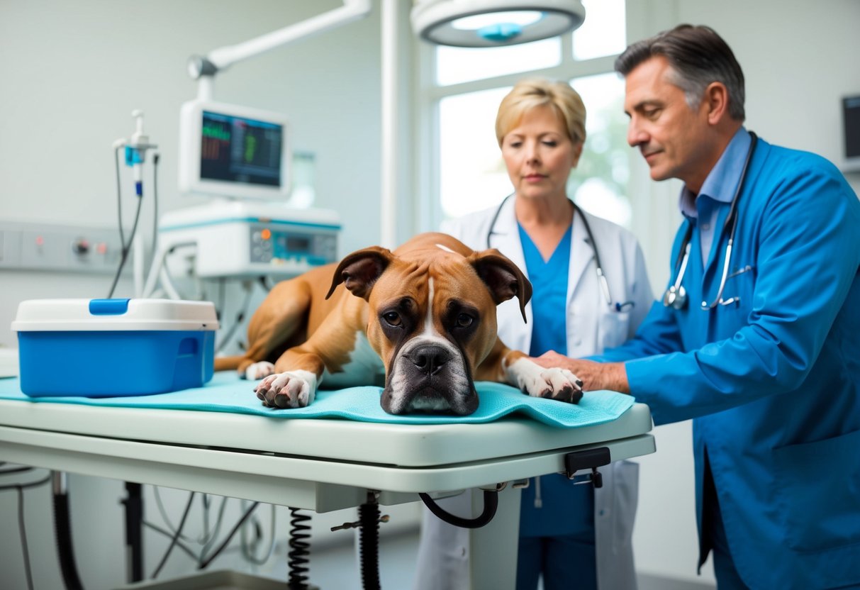 A deceased boxer lies on a veterinarian's table, surrounded by medical equipment and a concerned owner