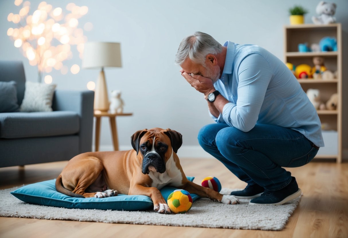 A sorrowful owner kneeling beside a lifeless boxer, surrounded by familiar toys and a cozy bed, seeking answers in their sudden loss