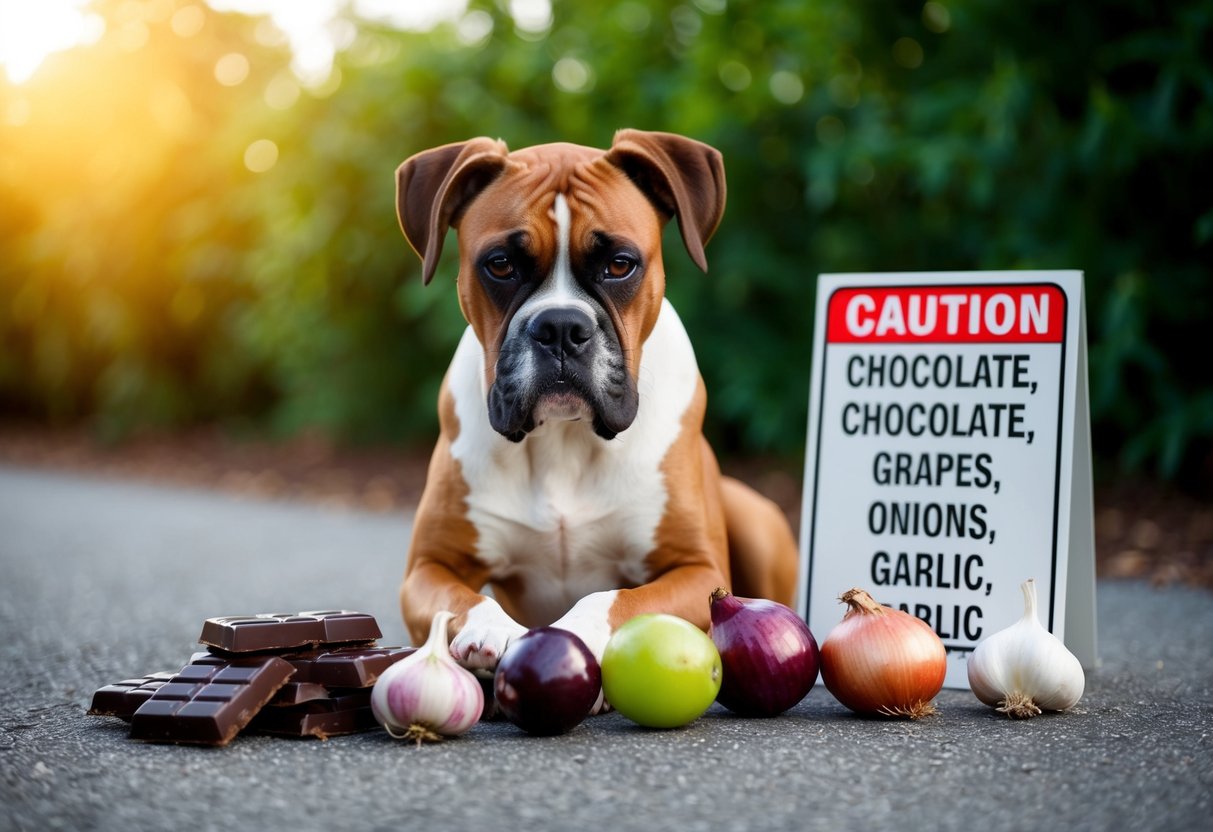 A boxer dog surrounded by common toxic foods like chocolate, grapes, onions, and garlic, with a cautionary sign nearby