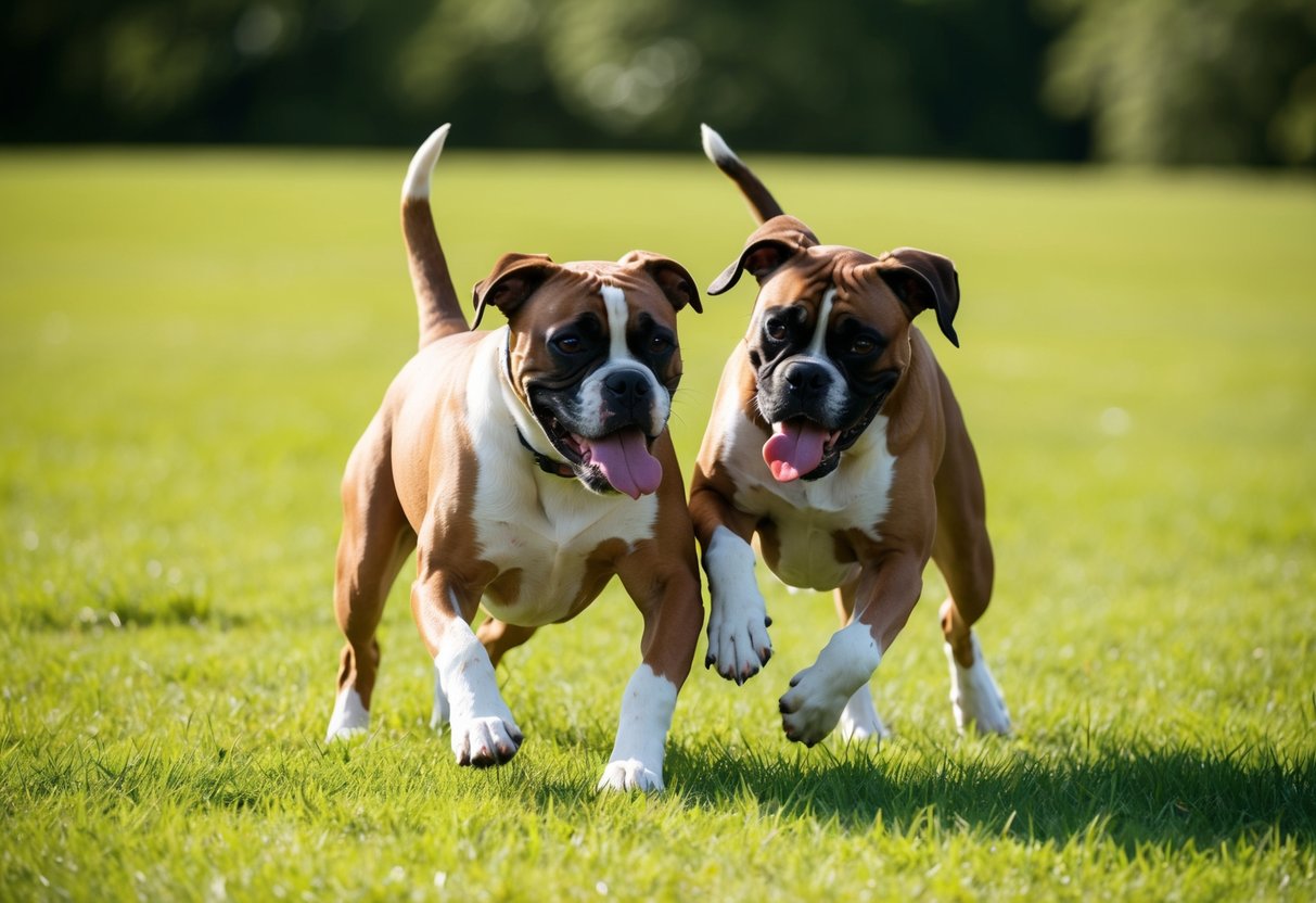Two boxers playfully wrestling in a grassy field, their tails wagging and tongues lolling as they chase each other in the sunshine