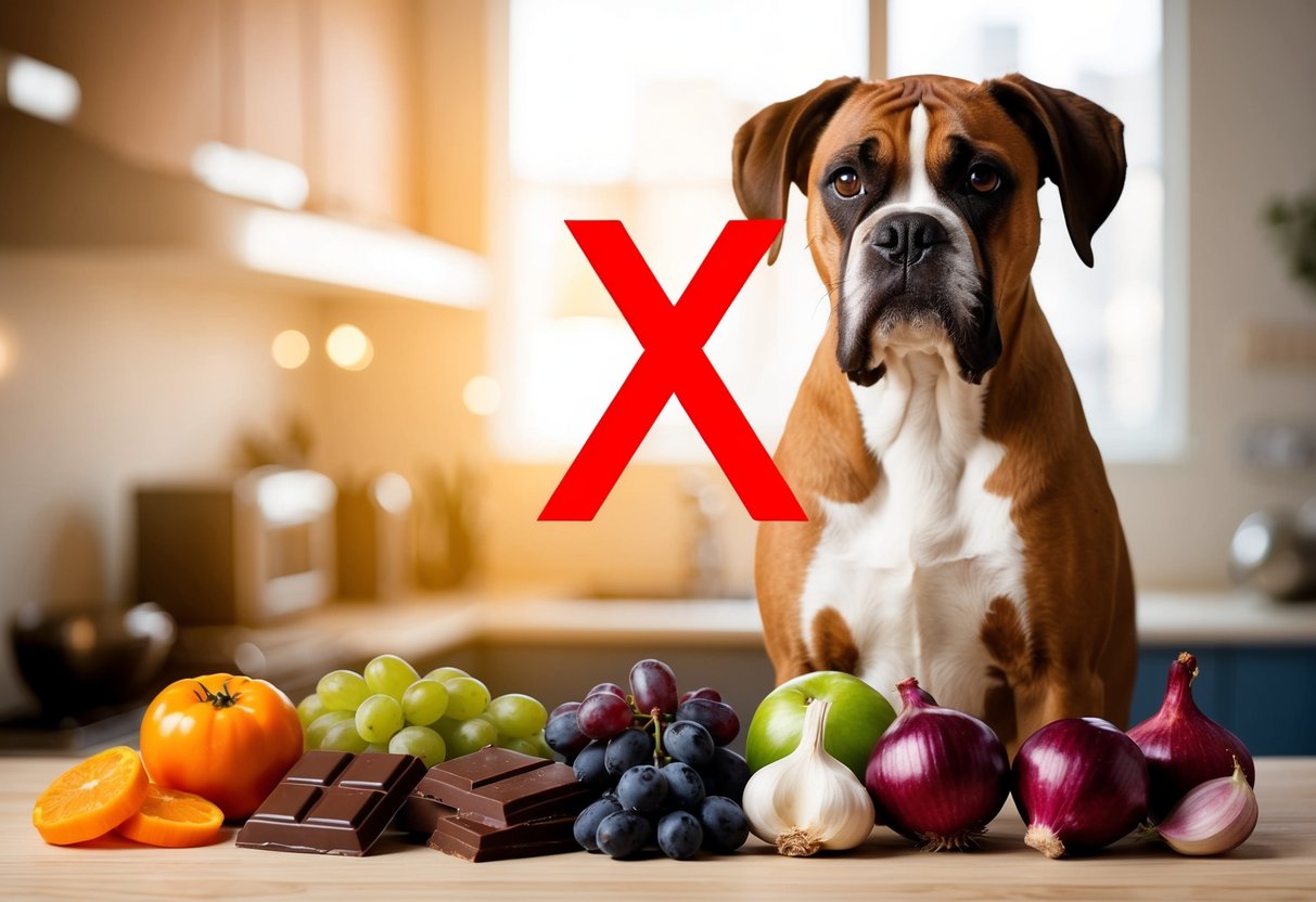 A boxer dog standing next to a variety of foods, with a red "X" over items such as chocolate, grapes, onions, and garlic