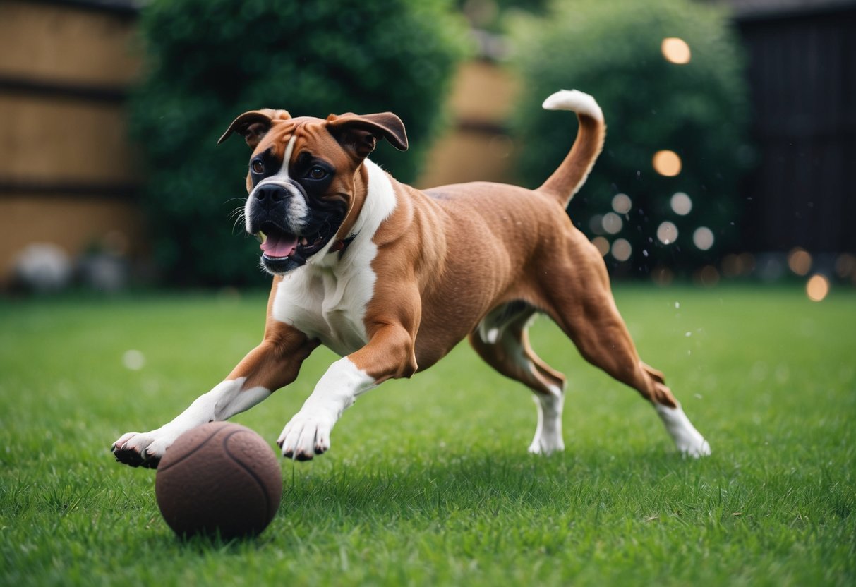A young boxer dog plays energetically in a grassy backyard, chasing after a ball and jumping around with excitement