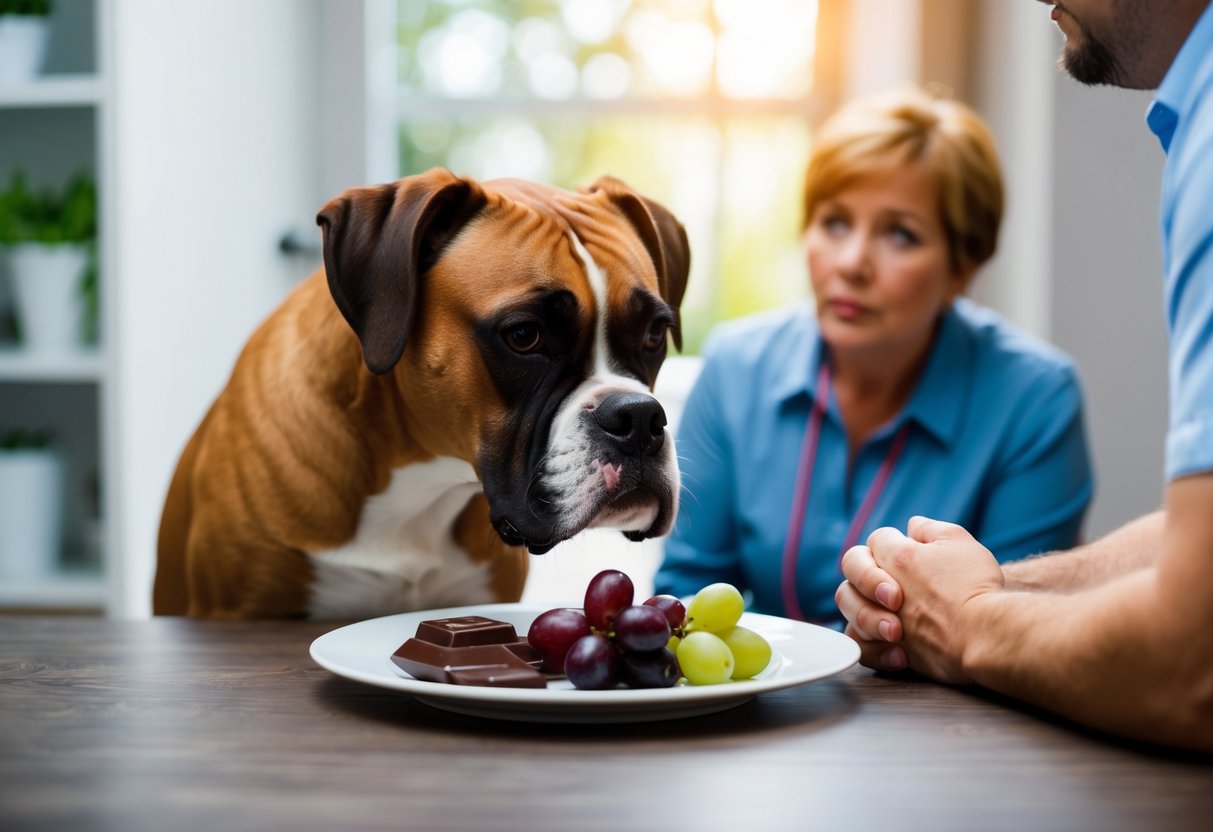 A boxer dog sniffs a plate of chocolate, grapes, and onions while a worried owner watches, ready to call the vet