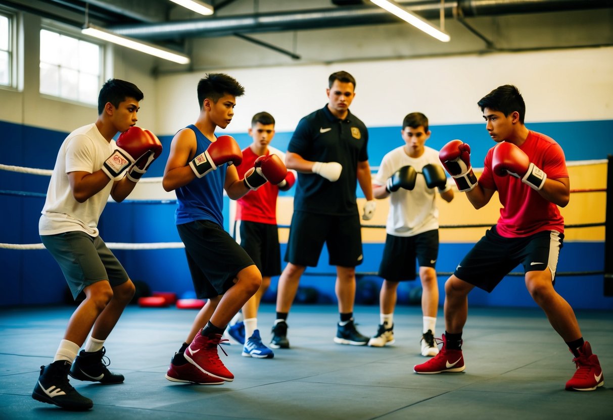 A group of young boxers train in a gym, practicing footwork and punching techniques. Their coach observes and provides guidance