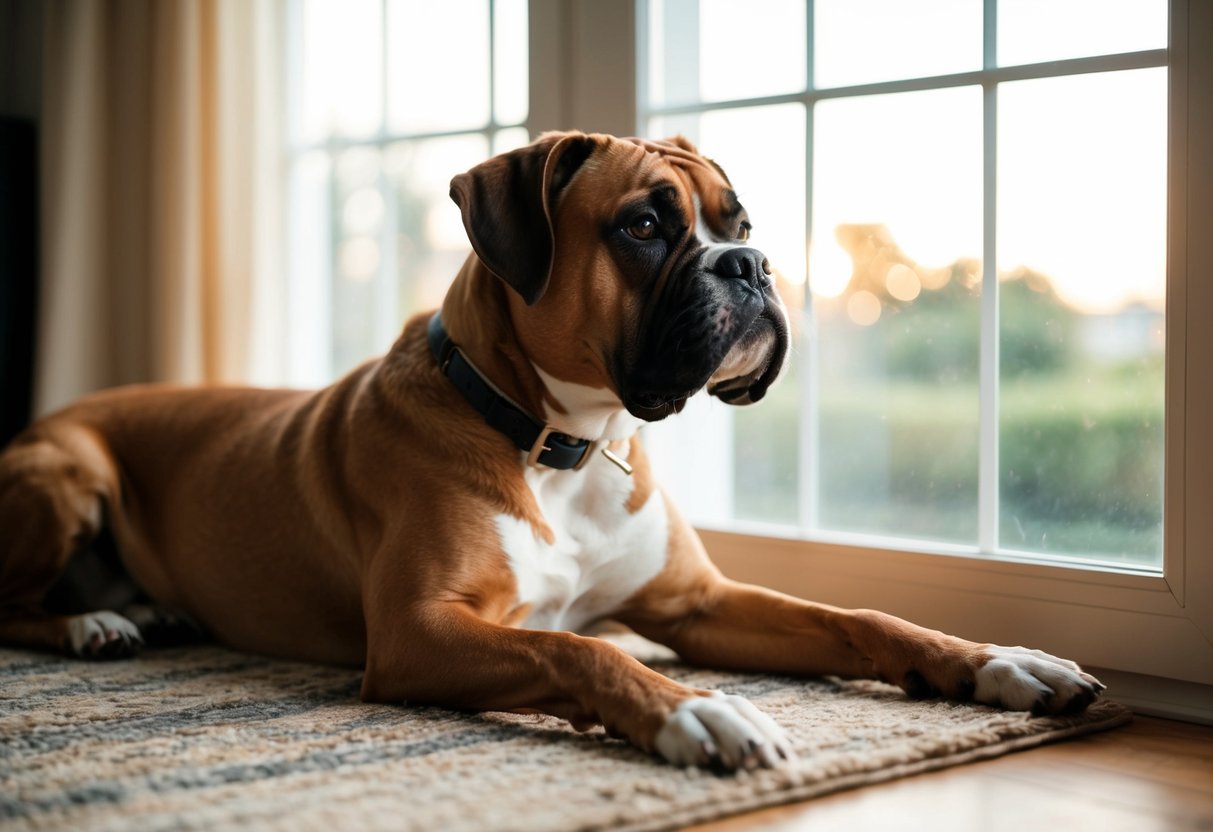 A calm boxer dog lounges on a cozy rug, gazing serenely out a sunlit window