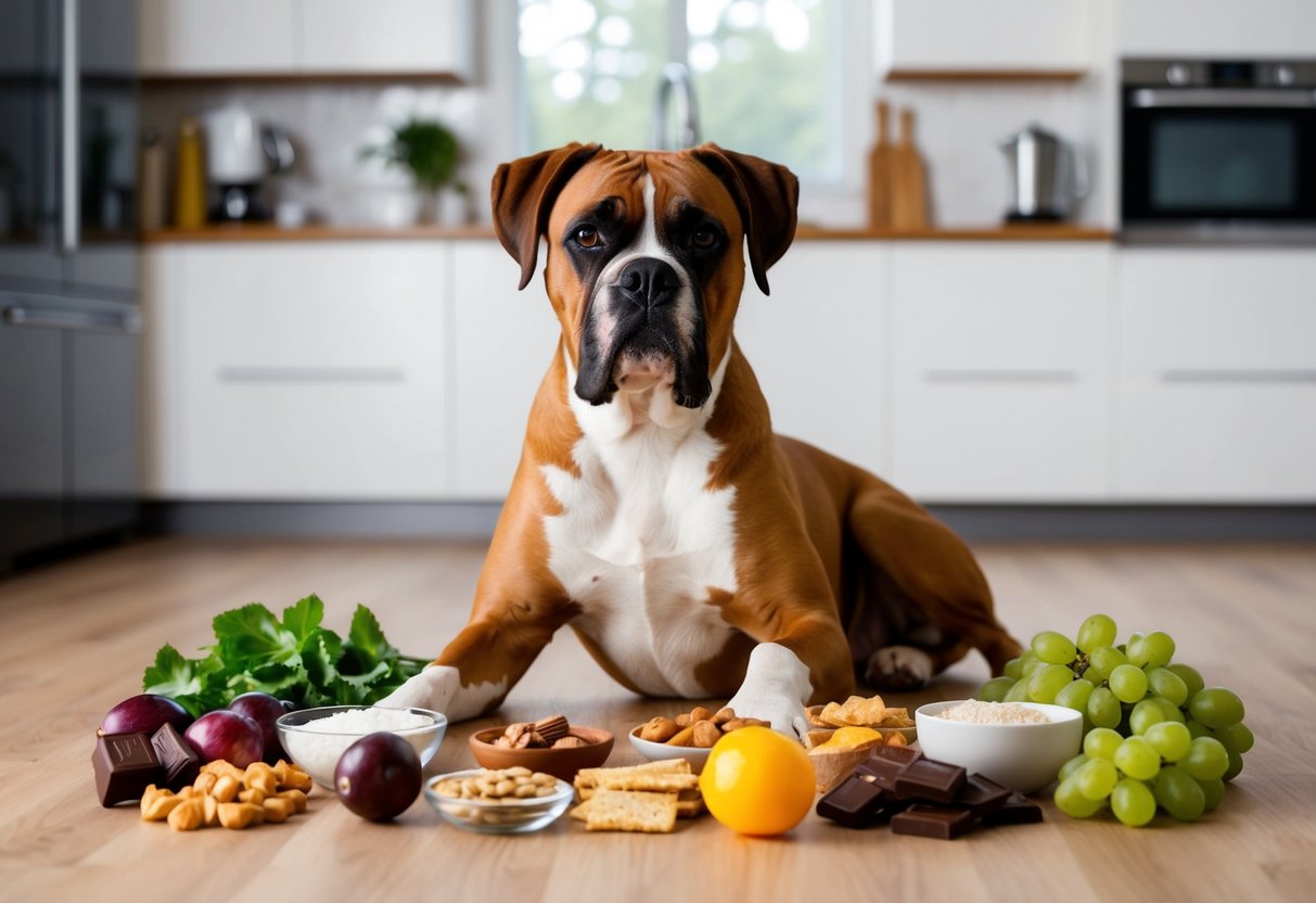 A boxer dog surrounded by a variety of safe foods and treat alternatives, while avoiding foods such as chocolate, grapes, and onions