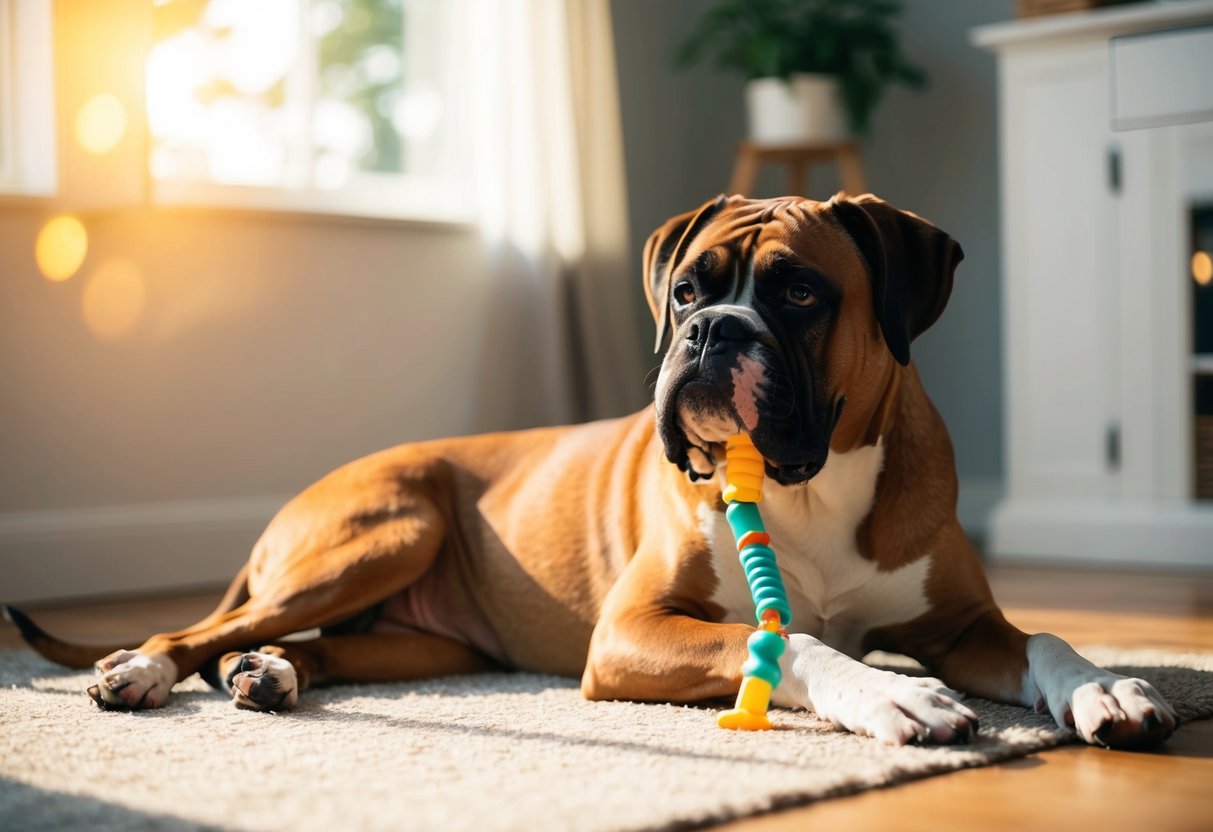 A peaceful, mature boxer lounging in a sunlit room with a chew toy