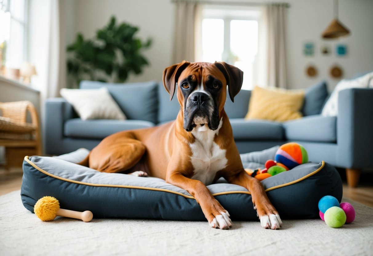 A boxer dog lounges in a cozy living room, surrounded by toys and a comfortable bed. The room is filled with natural light, creating a peaceful and serene atmosphere